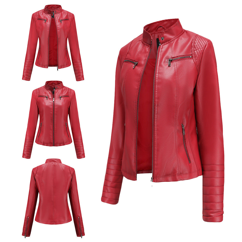Women's fitted biker jacket made of faux leather with stand-up collar and quilted sleeve section Mune Fashion