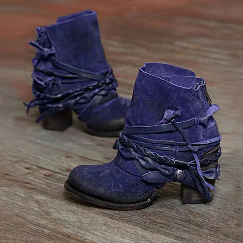 Women's retro suede ankle boots with braided leather straps and short block heel Mune Fashion