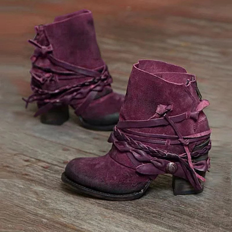 Women's retro suede ankle boots with braided leather straps and short block heel Mune Fashion