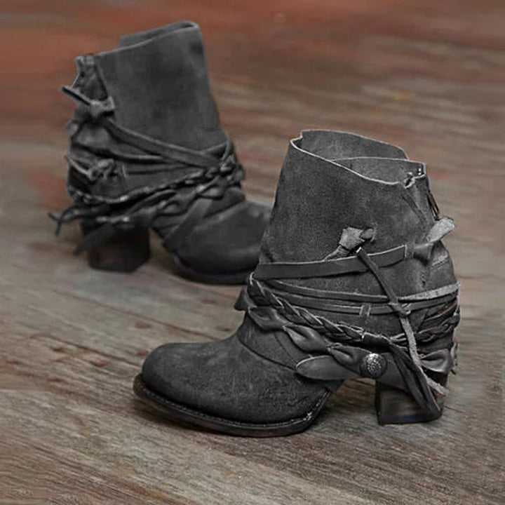 Women's retro suede ankle boots with braided leather straps and short block heel Mune Fashion
