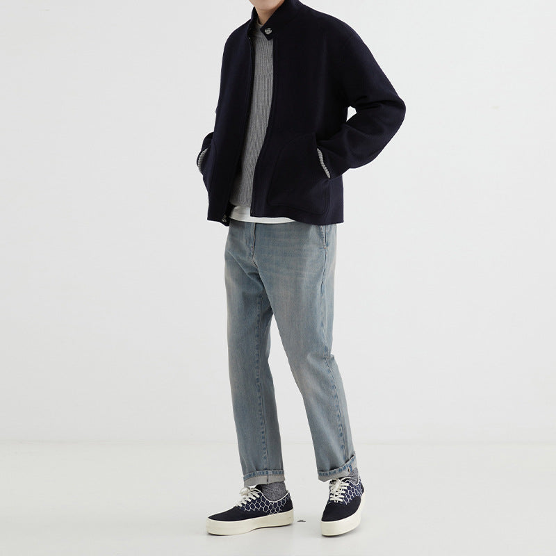 Men's Short-cut Wool Fleece Transition Jacket with Stand-up Collar and Curved Insert Pockets Mune Fashion