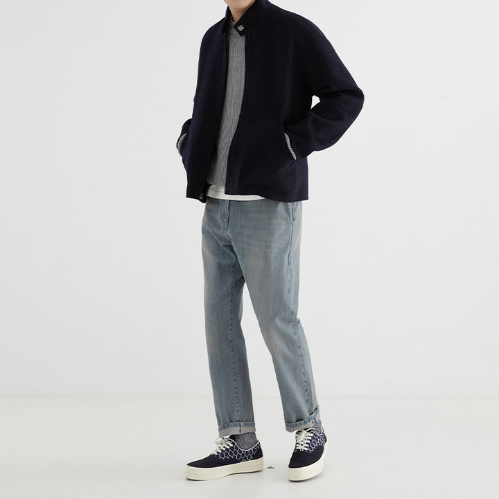 Men's Short-cut Wool Fleece Transition Jacket with Stand-up Collar and Curved Insert Pockets Mune Fashion