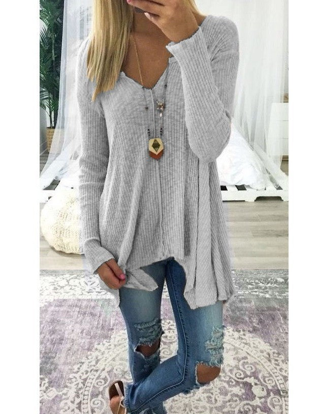 Women loose-fitting ribbed knit tunic with V-neck and asymmetrical hem Mune Fashion