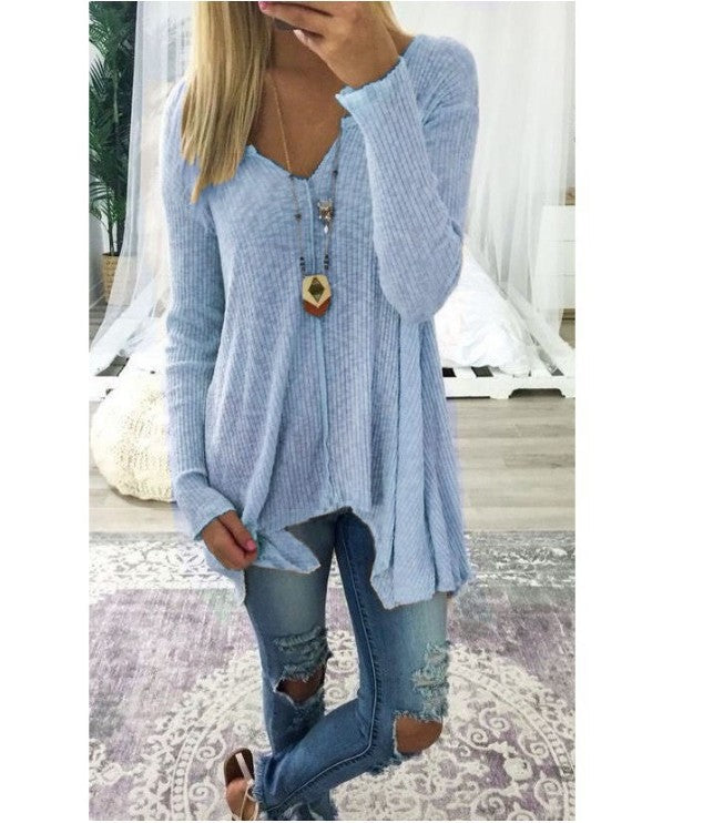 Women loose-fitting ribbed knit tunic with V-neck and asymmetrical hem Mune Fashion