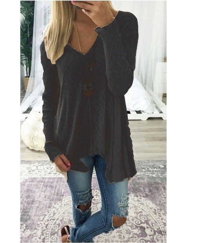 Women loose-fitting ribbed knit tunic with V-neck and asymmetrical hem Mune Fashion