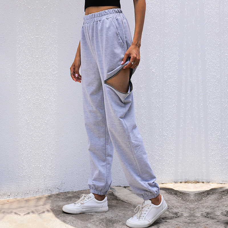 Women's Casual High-Waist Sweatpants with Zipper Pocket and Elastic Hem