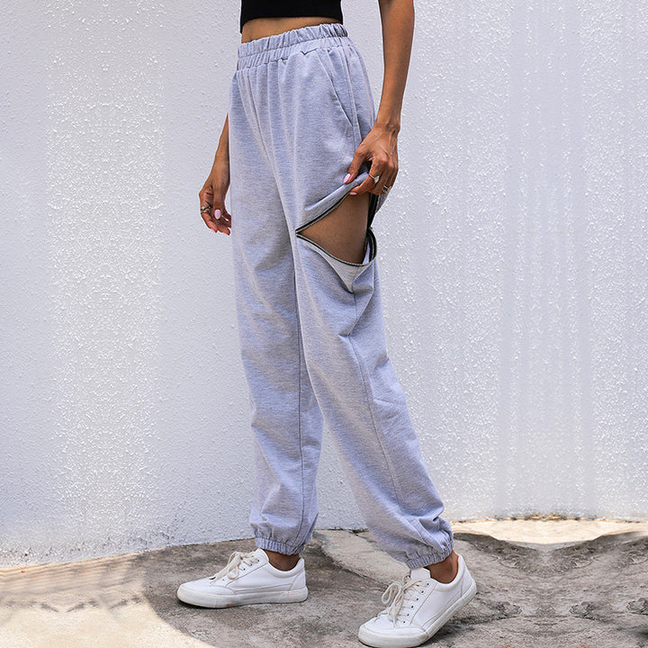 Women's Casual High-Waist Sweatpants with Zipper Pocket and Elastic Hem