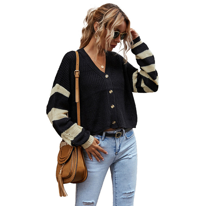 Women's short cardigan with button placket, contrasting block striped sleeves & ribbed hem Mune Fashion