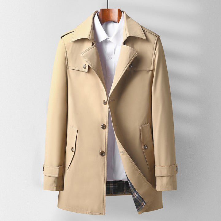 Men's Mid-Length Functional Trench Coat with Shoulder Straps, Flap Pockets and Checked Lined Inner Placket Mune Fashion