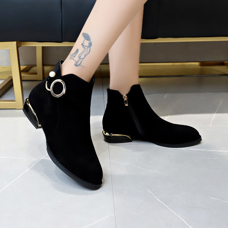 Women’s ankle boots made of velvet imitation with side zipper, golden heel edge and pearl ring Mune Fashion