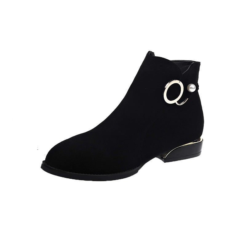 Women’s ankle boots made of velvet imitation with side zipper, golden heel edge and pearl ring Mune Fashion