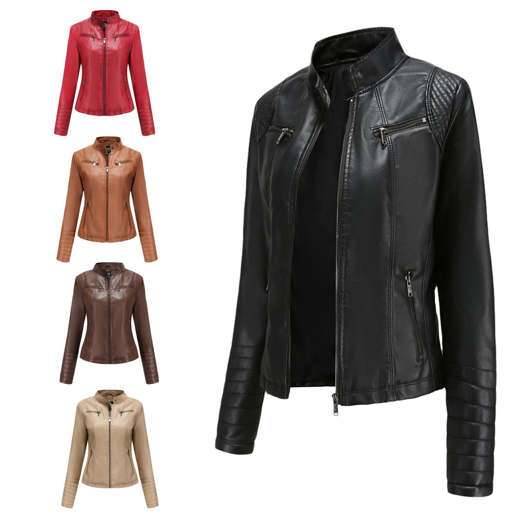 Women's fitted biker jacket made of faux leather with stand-up collar and quilted sleeve section Mune Fashion