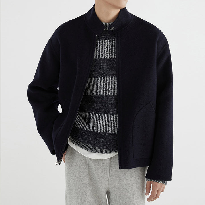 Men's Short-cut Wool Fleece Transition Jacket with Stand-up Collar and Curved Insert Pockets Mune Fashion