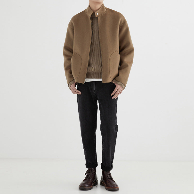 Men's Short-cut Wool Fleece Transition Jacket with Stand-up Collar and Curved Insert Pockets Mune Fashion