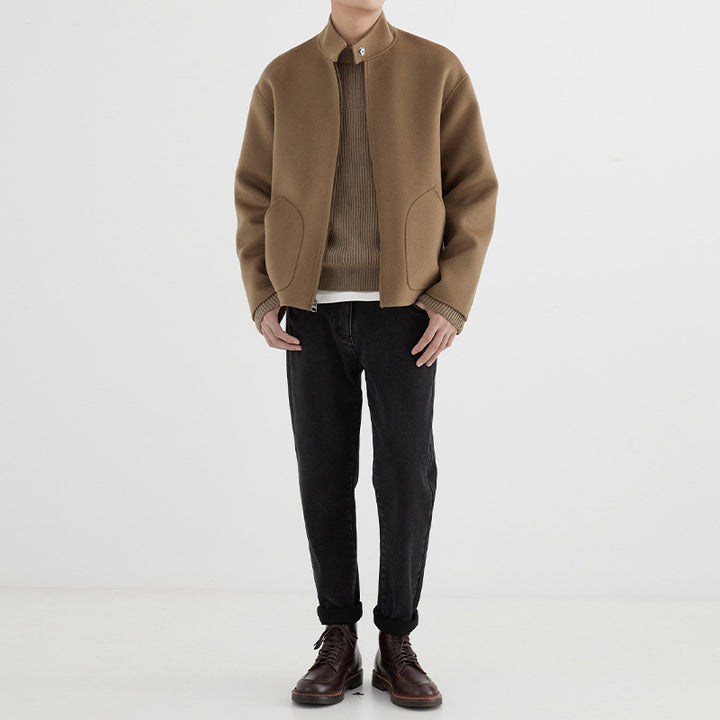 Men's Short-cut Wool Fleece Transition Jacket with Stand-up Collar and Curved Insert Pockets Mune Fashion