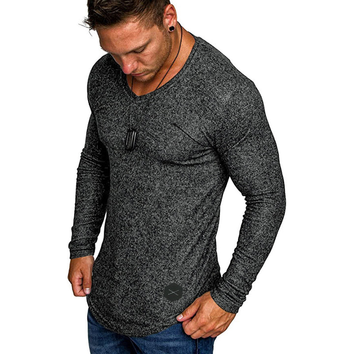 Men's Fitted Long Sleeve Shirt with Deep V-Neck, Elastic Cotton Blend and Rounded Hem Mune Fashion