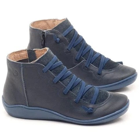 Women's ankle-high soft leather sneaker boots with side zipper, elastic decorative lacing, and ergonomic comfort sole Mune Fashion