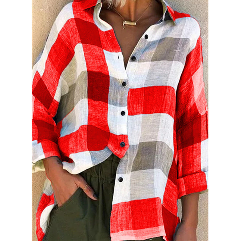 Women's oversized linen blouse with large check pattern and casual shirt collar Mune Fashion