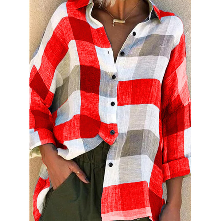 Women's oversized linen blouse with large check pattern and casual shirt collar Mune Fashion