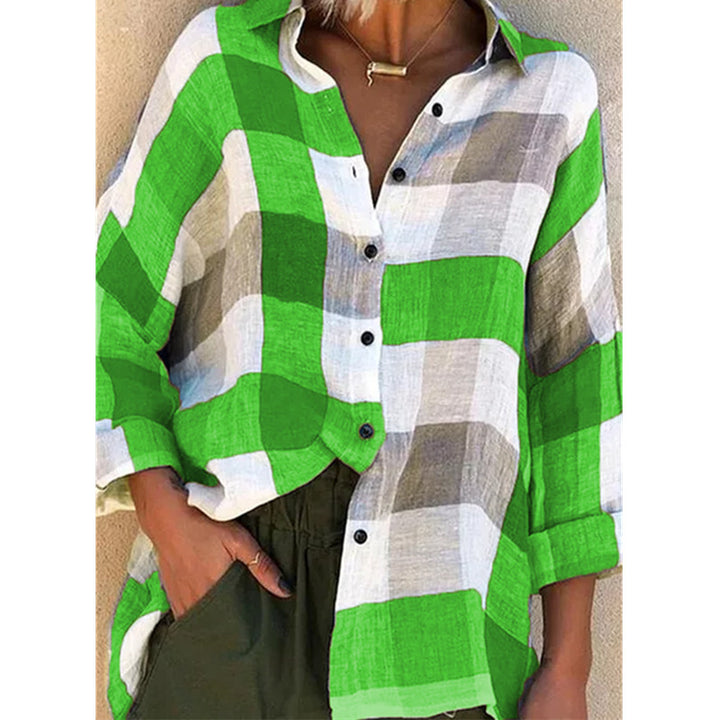 Women's oversized linen blouse with large check pattern and casual shirt collar Mune Fashion