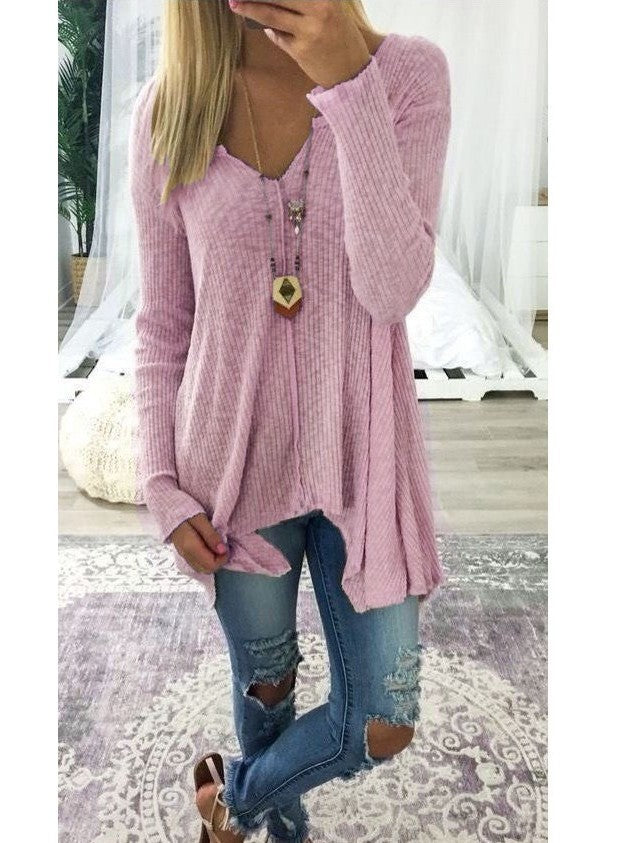 Women loose-fitting ribbed knit tunic with V-neck and asymmetrical hem Mune Fashion