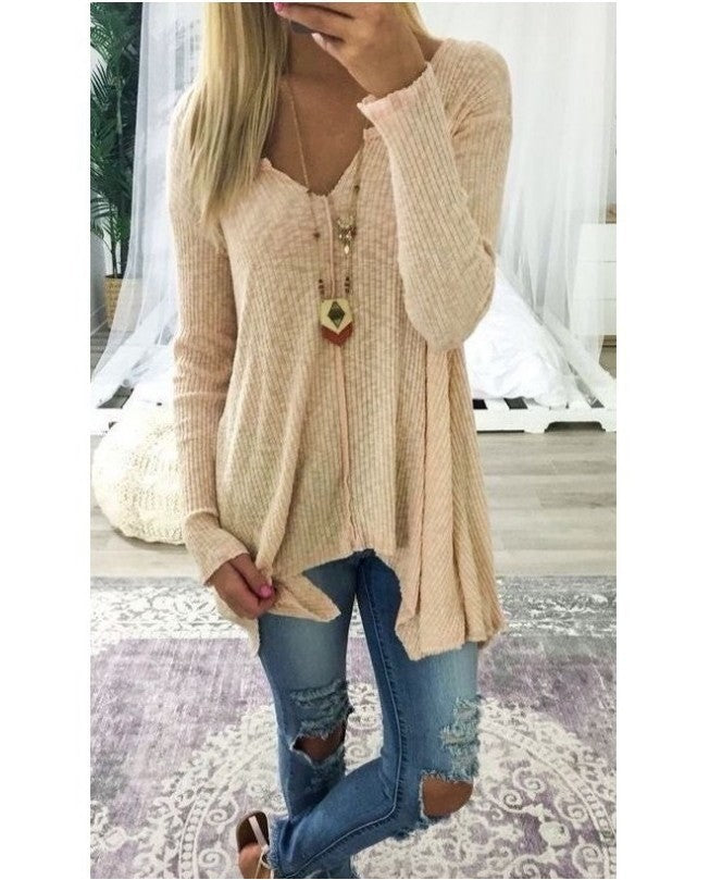 Women loose-fitting ribbed knit tunic with V-neck and asymmetrical hem Mune Fashion
