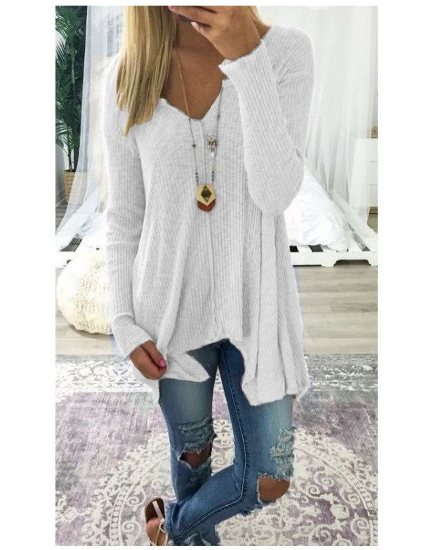Women loose-fitting ribbed knit tunic with V-neck and asymmetrical hem Mune Fashion