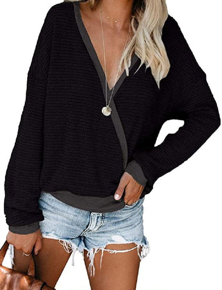 Women Loose Waffle Knit Sweater with Deep V-Neck and Layered Look Mune Fashion