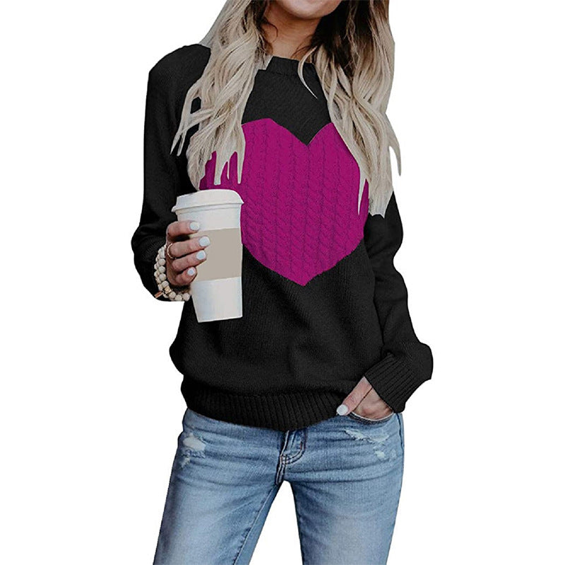 Ladies' knitted sweater with heart application, ribbed cuffs, and casual fit Mune Fashion