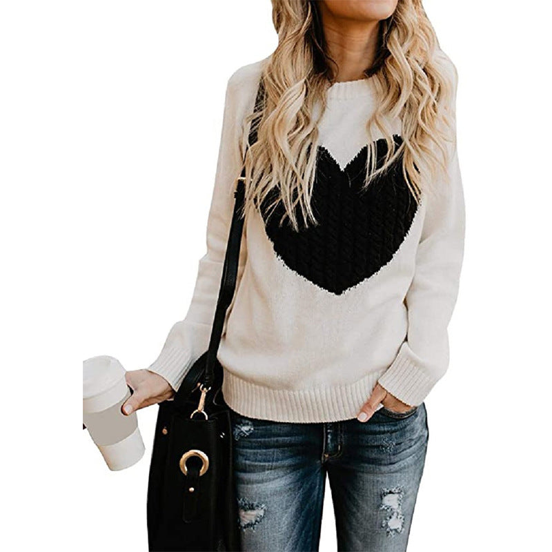 Ladies' knitted sweater with heart application, ribbed cuffs, and casual fit Mune Fashion