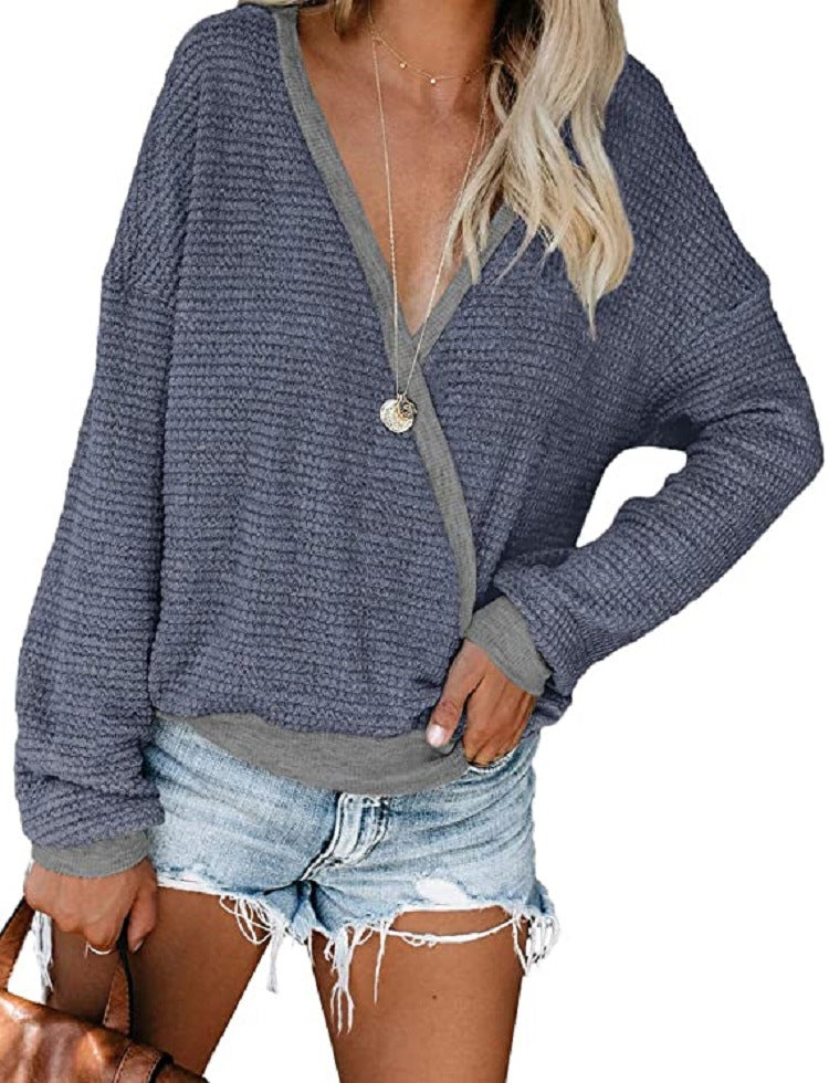 Women Loose Waffle Knit Sweater with Deep V-Neck and Layered Look Mune Fashion