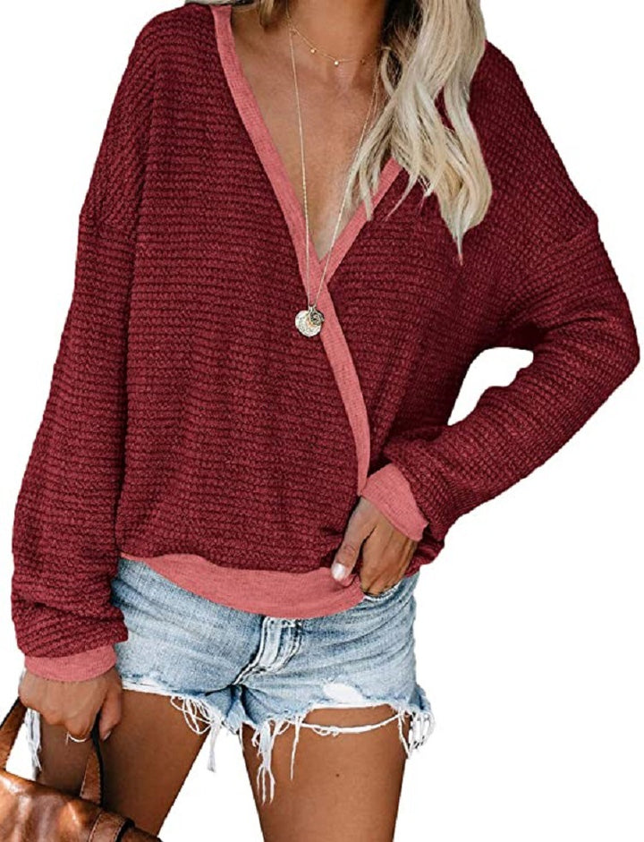 Women Loose Waffle Knit Sweater with Deep V-Neck and Layered Look Mune Fashion