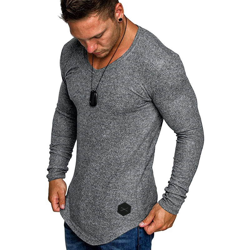 Men's Fitted Long Sleeve Shirt with Deep V-Neck, Elastic Cotton Blend and Rounded Hem Mune Fashion