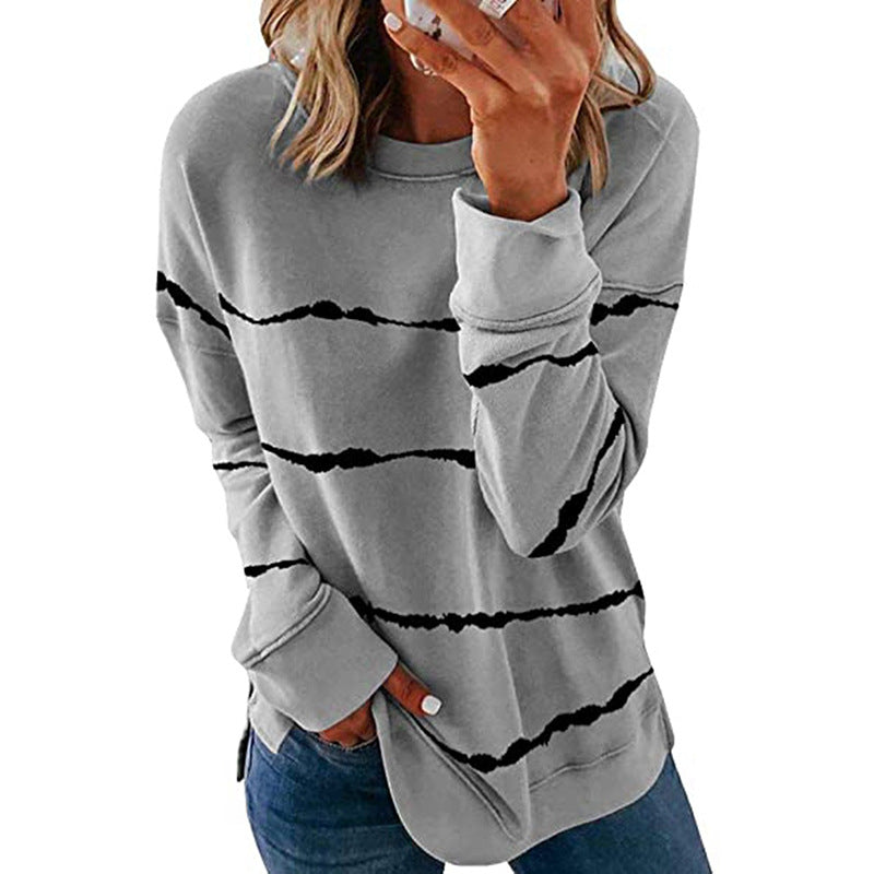 Women's casual oversized sweatshirt with wave-pattern stripes round neck side slits and rounded hem Mune Fashion