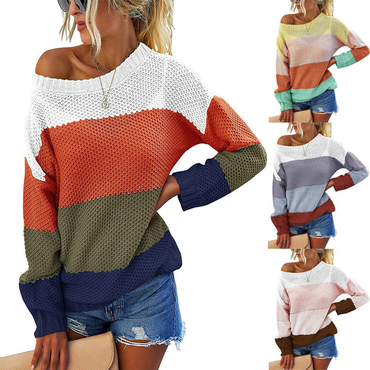Women's Off-Shoulder Block Stripe Knit Sweater with Waffle Texture and Oversized Cut Mune Fashion