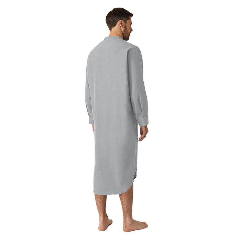 Men's long loose shirt with stand-up collar, chest pocket, and curved hem Mune Fashion