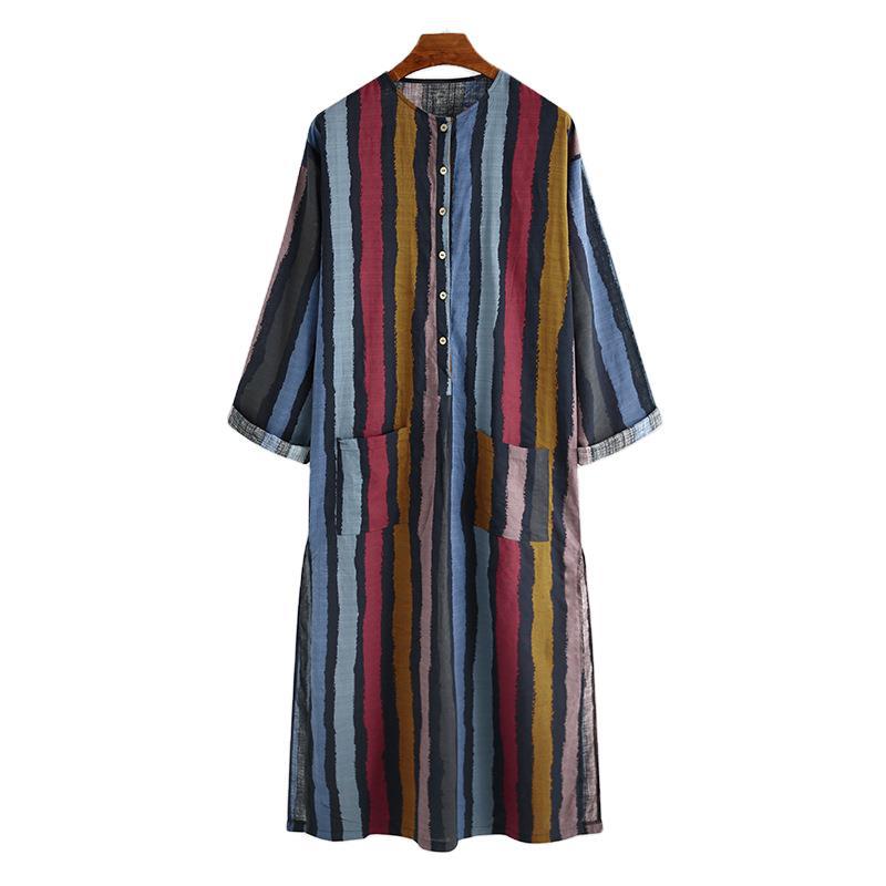 Men's ankle-length striped linen blend kaftan with stand-up collar and patch waist pockets Mune Fashion