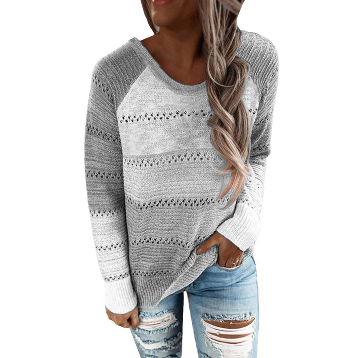 Women's casual knitted sweater with openwork pattern, color block inserts, and loose fit Drune