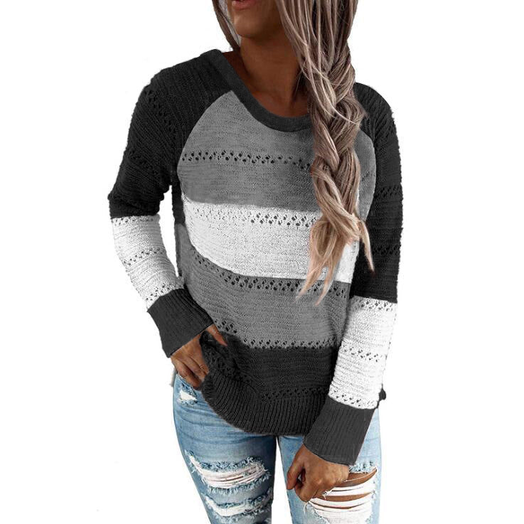 Women's casual knitted sweater with openwork pattern, color block inserts, and loose fit Drune