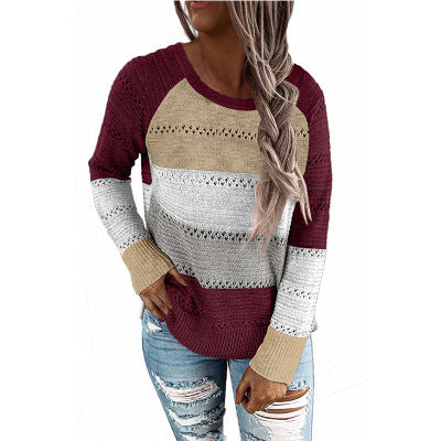 Women's casual knitted sweater with openwork pattern, color block inserts, and loose fit Drune
