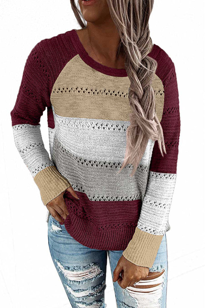 Women's casual knitted sweater with openwork pattern, color block inserts, and loose fit Drune