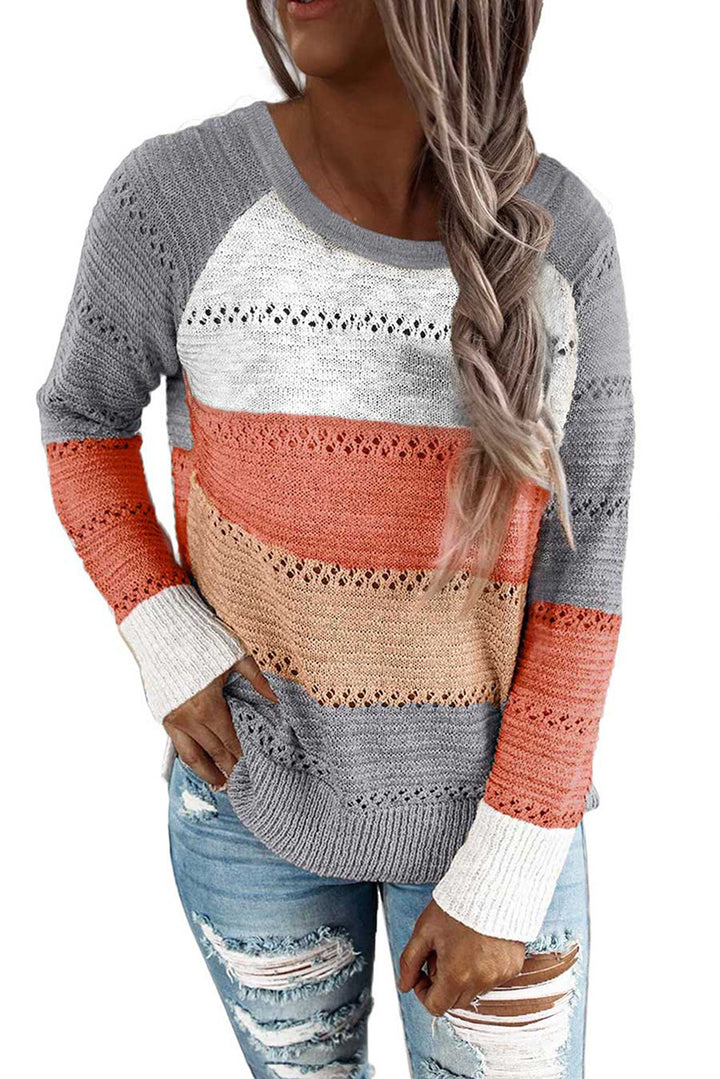 Women's casual knitted sweater with openwork pattern, color block inserts, and loose fit Drune