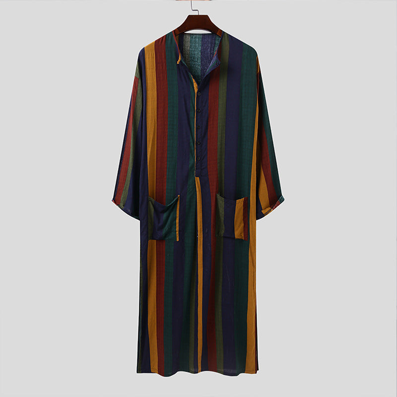 Men's ankle-length striped linen blend kaftan with stand-up collar and patch waist pockets Mune Fashion