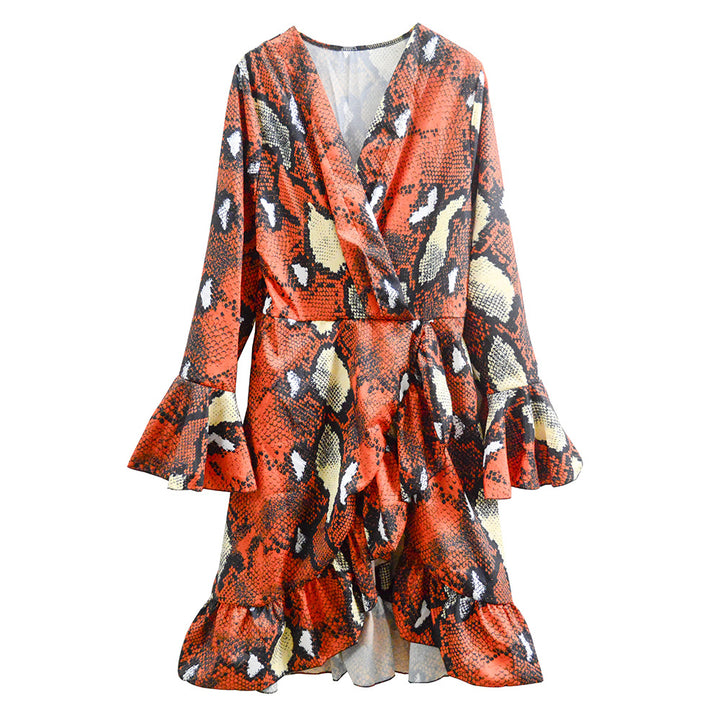 Women’s wrap dress with snake print, bell sleeves & ruffle trim Mune Fashion