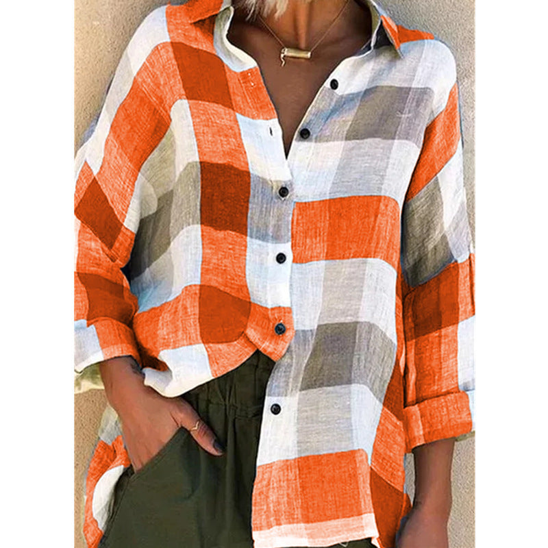 Women's oversized linen blouse with large check pattern and casual shirt collar Mune Fashion