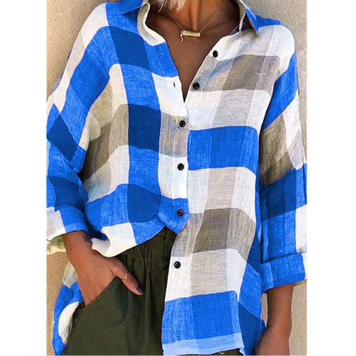 Women's oversized linen blouse with large check pattern and casual shirt collar Mune Fashion