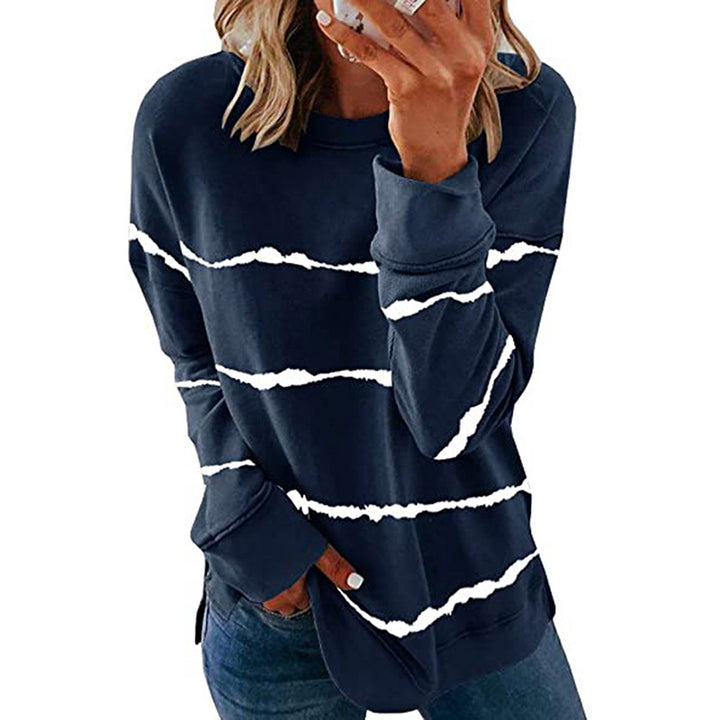 Women's casual oversized sweatshirt with wave-pattern stripes round neck side slits and rounded hem Mune Fashion