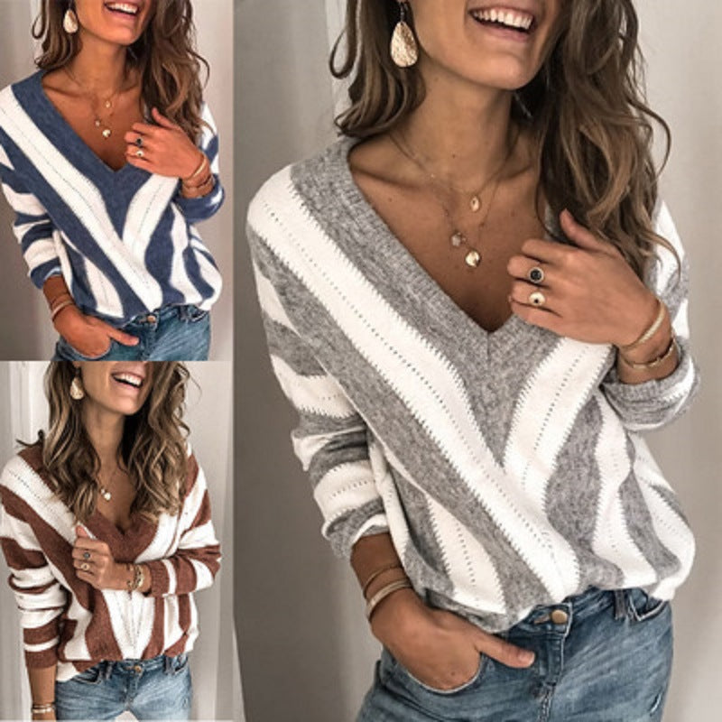 Women Oversized V-Neck Sweater with Chevron Intarsia and Openwork Knit Mune Fashion