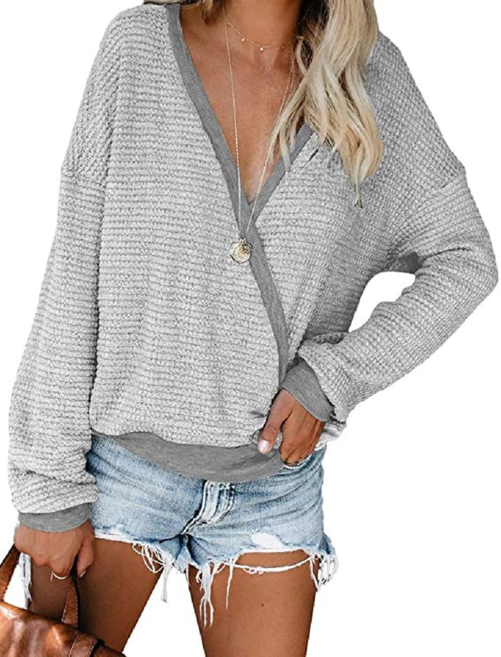 Women Loose Waffle Knit Sweater with Deep V-Neck and Layered Look Mune Fashion