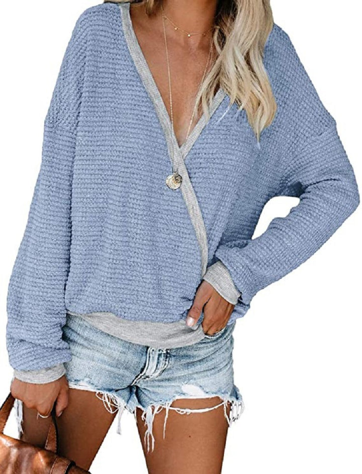 Women Loose Waffle Knit Sweater with Deep V-Neck and Layered Look Mune Fashion